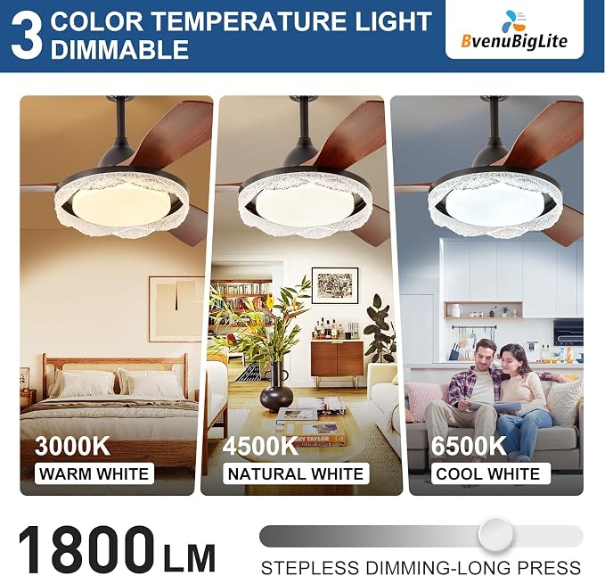 Ceiling Fans with Lights and Remote: 42-Inch Ceiling Fan 3 Blades Round Crystal Low Profile Outdoor - Walnut, alternate view