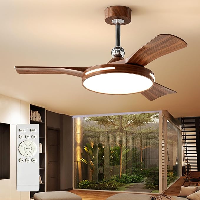Ceiling Fans with Lights and Remote: 42-Inch Ceiling Fan 3 Blades Round Low Profile Outdoor - Walnut Ceiling