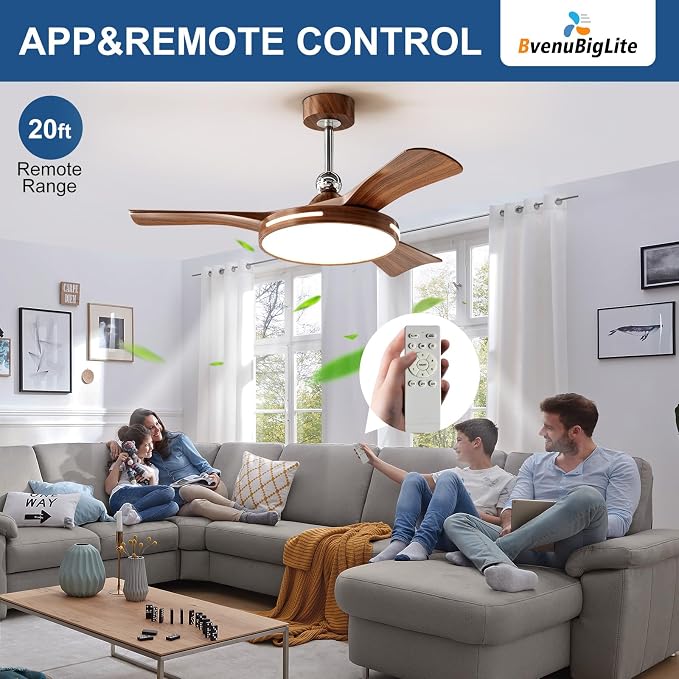 Ceiling Fans with Lights and Remote: 42-Inch Ceiling Fan 3 Blades Round Low Profile Outdoor - Walnut Ceiling, alternate view