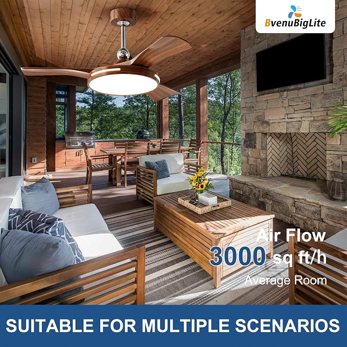 Ceiling Fans with Lights and Remote: 42-Inch Ceiling Fan 3 Blades Round Low Profile Outdoor - Walnut Ceiling, alternate view