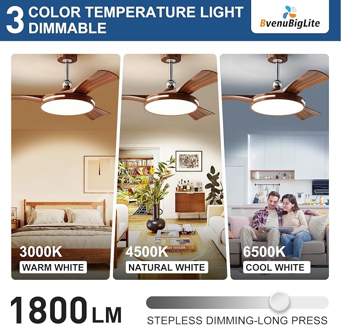 Ceiling Fans with Lights and Remote: 42-Inch Ceiling Fan 3 Blades Round Low Profile Outdoor - Walnut Ceiling, alternate view