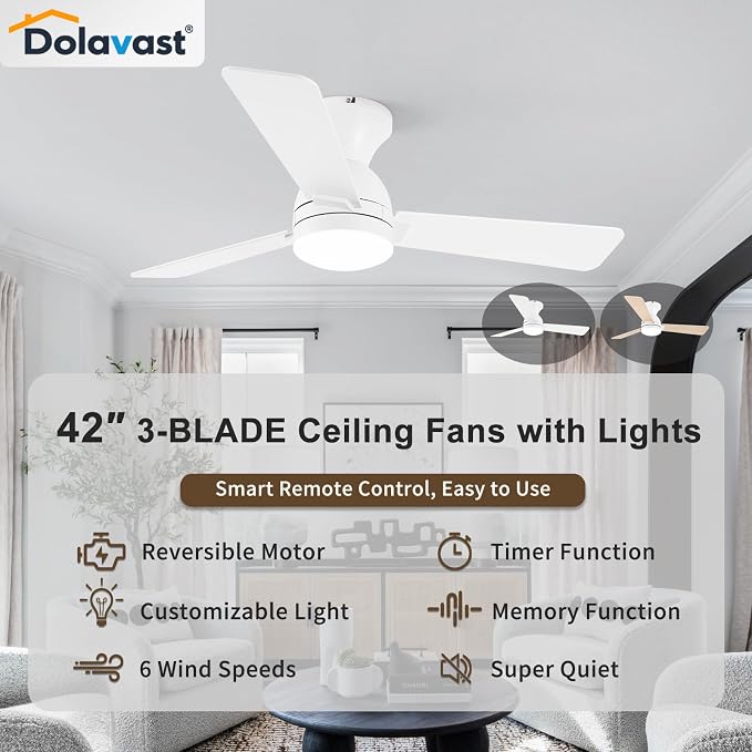 Ceiling Fans with Lights and Remote, 42 Inch Ceiling Fan with Light, Low Profile, Reversible, Dimmable LED, Flush Mount