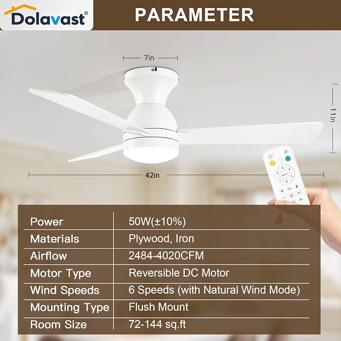 Ceiling Fans with Lights and Remote, 42 Inch Ceiling Fan with Light, Low Profile, Reversible, Dimmable LED, Flush Mount