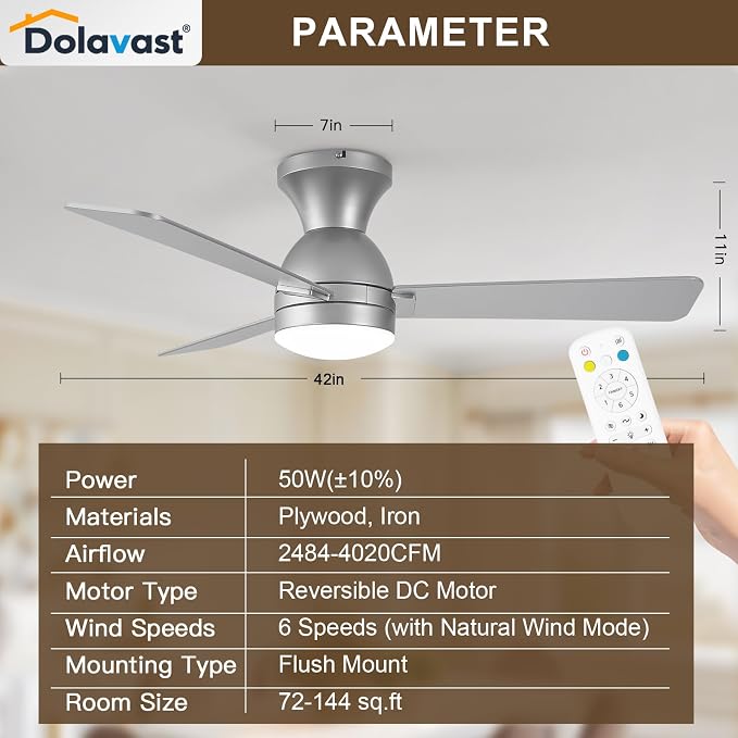 Ceiling Fans with Lights and Remote, 42 Inch Ceiling Fan with Light, Low Profile, Reversible, Dimmable LED, alternate view 7