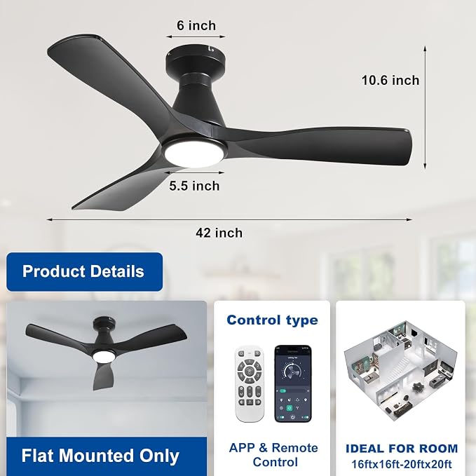 Ceiling Fans with Lights and Remote: 42 Inch Flush Mount Low Profile Ceiling Fan with Light, alternate product view 2