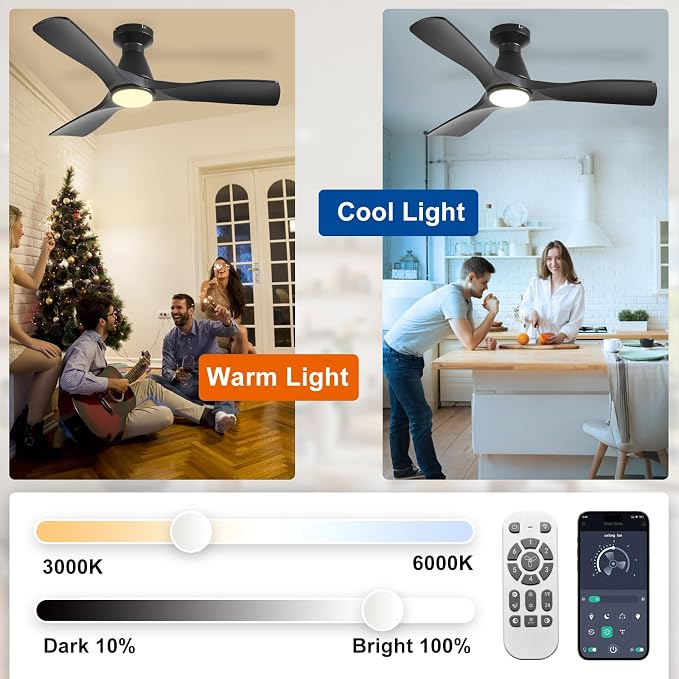 Ceiling Fans with Lights and Remote: 42 Inch Flush Mount Low Profile Ceiling Fan with Light, alternate product view 3