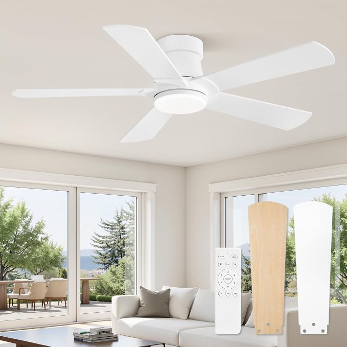 Ceiling Fans with Lights and Remote, 42 inch Low Profile Flush Mount Ceiling Fan,White Modern Ceiling Fan with LED Light for