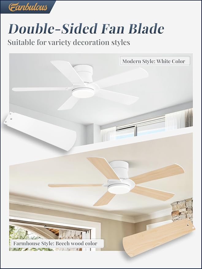 Ceiling Fans with Lights and Remote, 42 inch Low Profile Flush Mount Ceiling Fan,White Modern Ceiling Fan with LED Light for