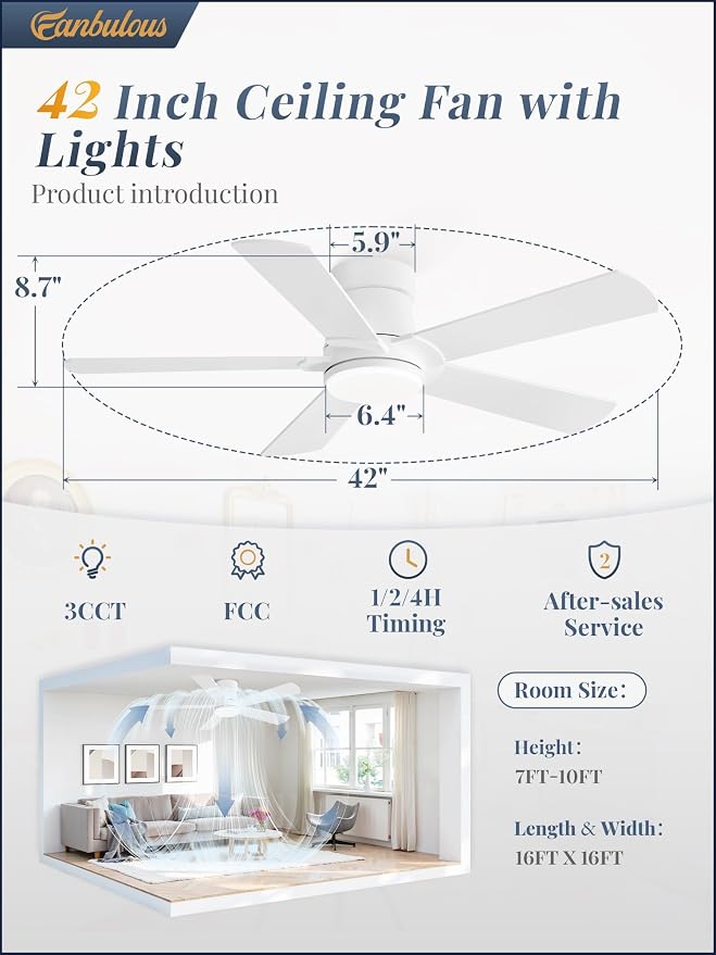 Ceiling Fans with Lights and Remote, 42 inch Low Profile Flush Mount Ceiling Fan,White Modern Ceiling Fan with LED Light for