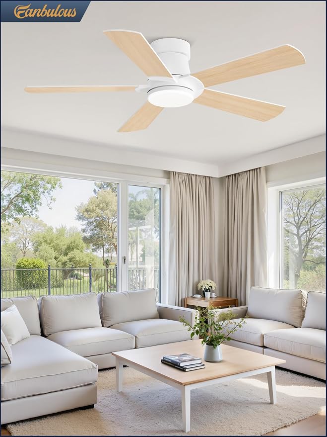 Ceiling Fans with Lights and Remote, 42 inch Low Profile Flush Mount Ceiling Fan,White Modern Ceiling Fan with LED Light for