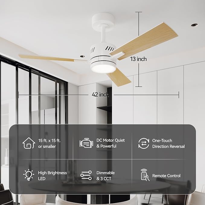 Ceiling Fans with Lights and Remote, 42 Inch Modern Ceiling Fan with Light, Reversible DC Motor, Dimmable LED, 3CCT, Quiet