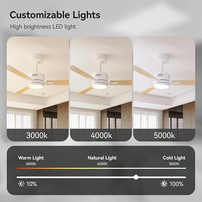 Ceiling Fans with Lights and Remote, 42 Inch Modern Ceiling Fan with Light, Reversible DC Motor, Dimmable LED, 3CCT, Quiet