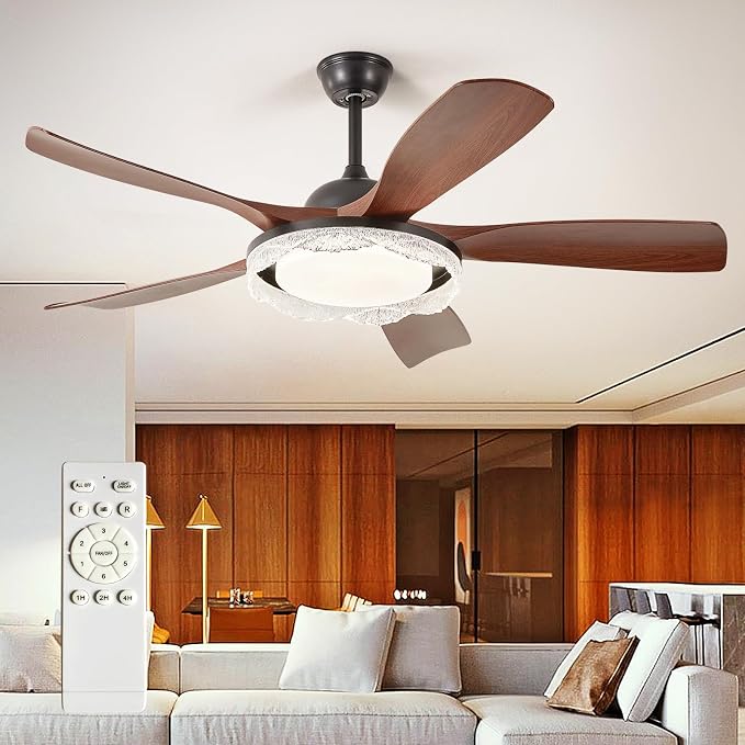 Ceiling Fans with Lights and Remote: 46-Inch Ceiling Fan 5 Blades Round Crystal Low Profile Outdoor - Walnut Ceiling Fans