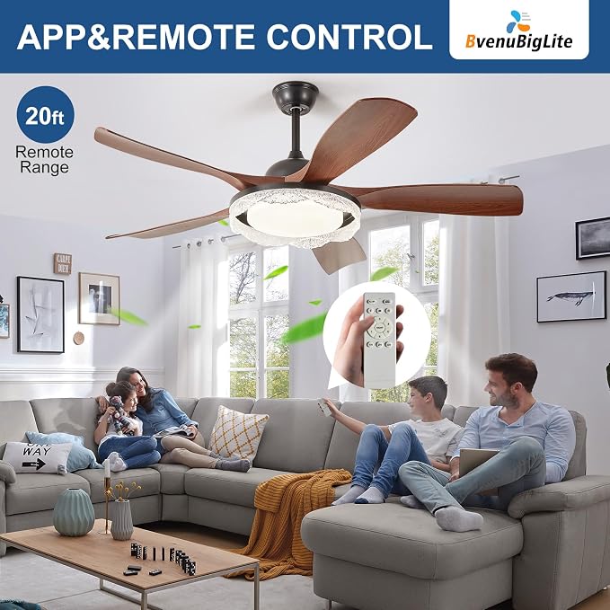 Ceiling Fans with Lights and Remote: 46-Inch Ceiling Fan 5 Blades Round Crystal Low Profile Outdoor - Walnut Ceiling Fans