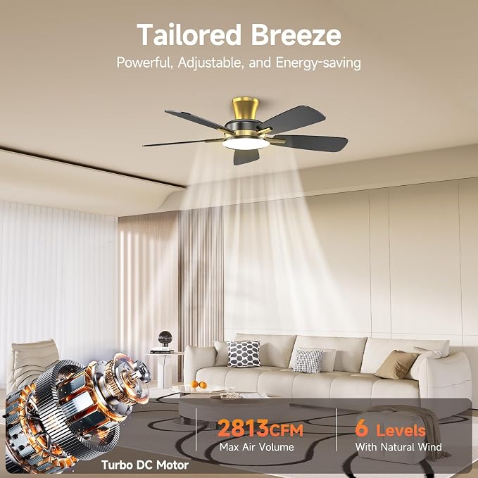 Ceiling Fans with Lights and Remote, 46 Inch Low Profile Ceiling Fan with Light, Flush Mount, Reversible, 3CCT, Dimmable