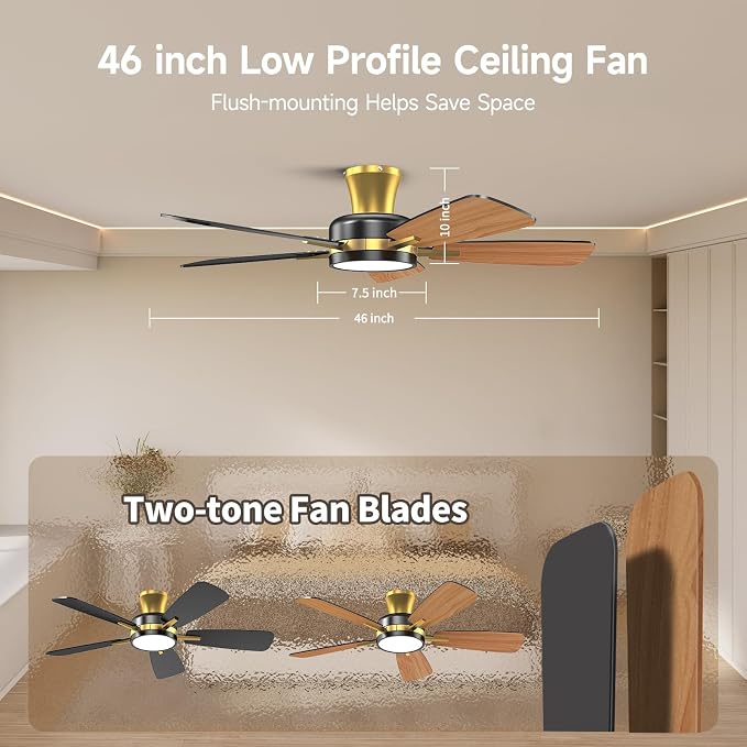 Ceiling Fans with Lights and Remote, 46 Inch Low Profile Ceiling Fan with Light, Flush Mount, Reversible, 3CCT, Dimmable