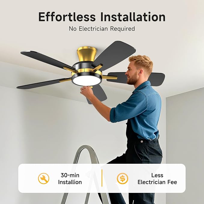 Ceiling Fans with Lights and Remote, 46 Inch Low Profile Ceiling Fan with Light, Flush Mount, Reversible, 3CCT, Dimmable