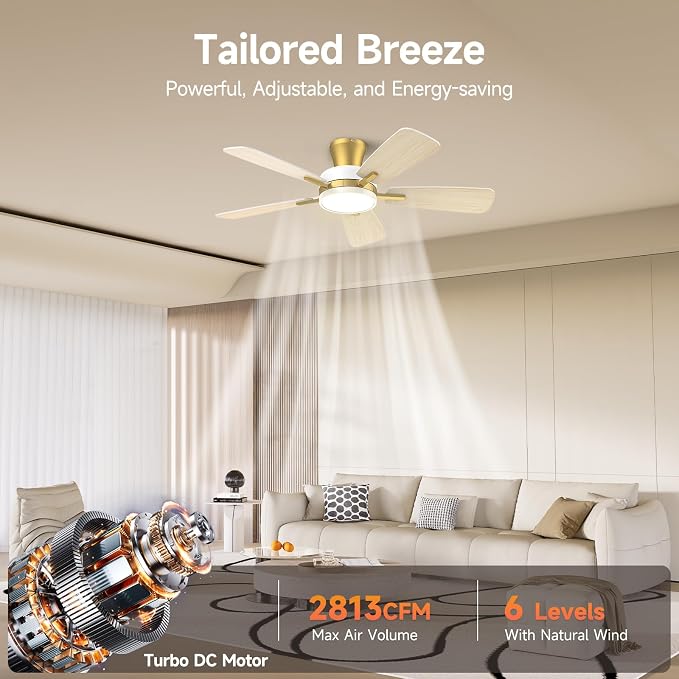 Ceiling Fans with Lights and Remote, 46 Inch Low Profile Ceiling Fan with Light, Flush Mount, Reversible, 3CCT, Dimmable