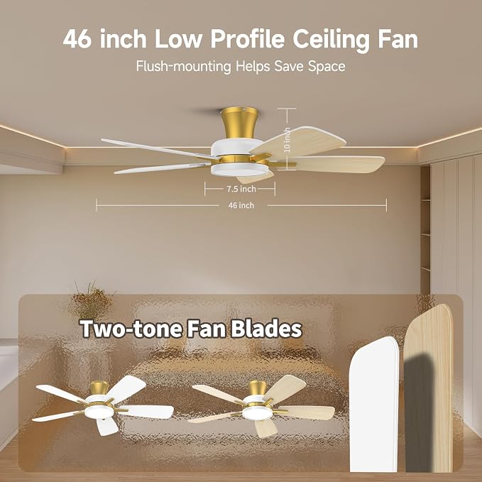 Ceiling Fans with Lights and Remote, 46 Inch Low Profile Ceiling Fan with Light, Flush Mount, Reversible, 3CCT, Dimmable