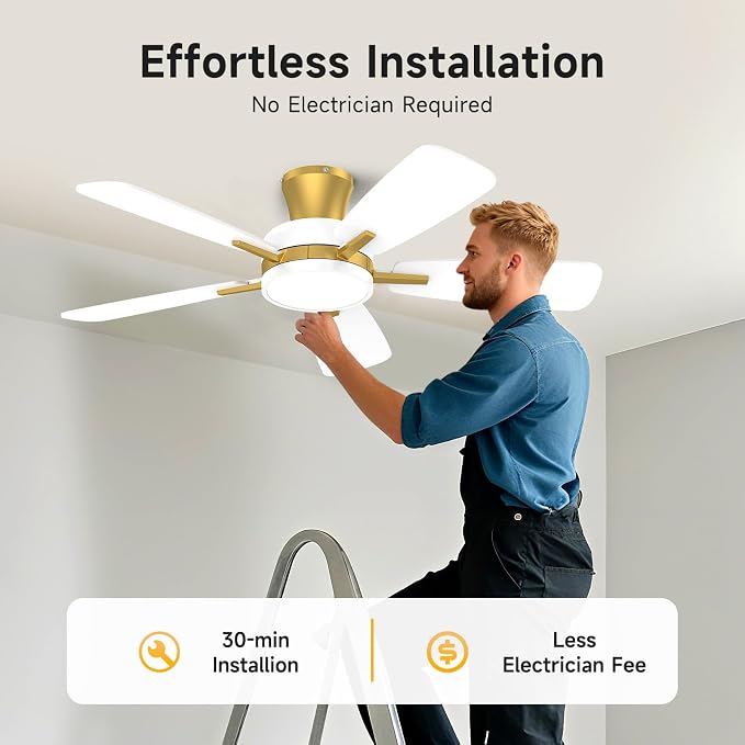 Ceiling Fans with Lights and Remote, 46 Inch Low Profile Ceiling Fan with Light, Flush Mount, Reversible, 3CCT, Dimmable