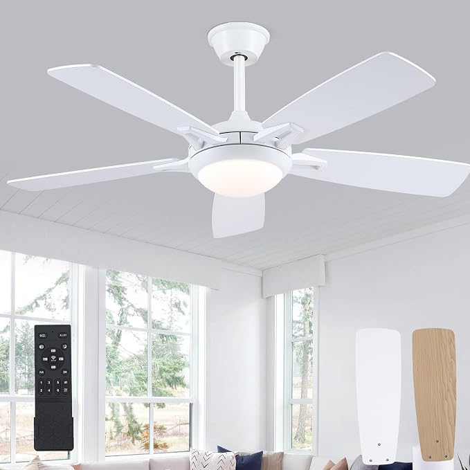 Ceiling Fans with Lights and Remote, 46 Inch Modern Ceiling Fan with Light, White Ceiling Fans for Bedroom Living Room