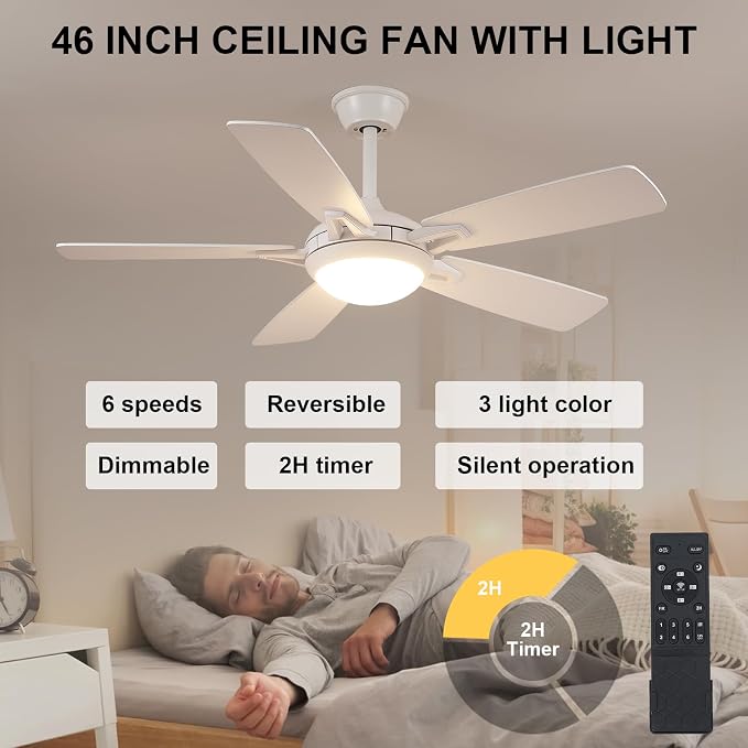 Ceiling Fans with Lights and Remote, 46 Inch Modern Ceiling Fan with Light, White Ceiling Fans for Bedroom Living Room