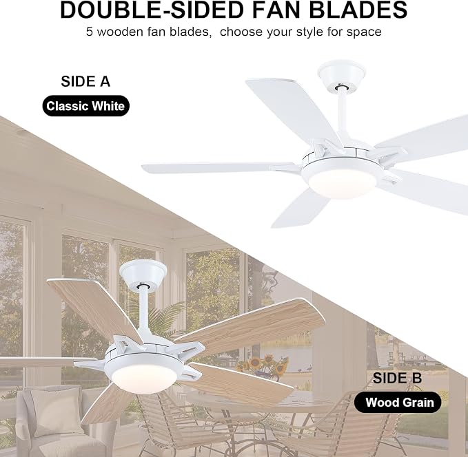 Ceiling Fans with Lights and Remote, 46 Inch Modern Ceiling Fan with Light, White Ceiling Fans for Bedroom Living Room