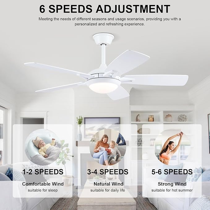 Ceiling Fans with Lights and Remote, 46 Inch Modern Ceiling Fan with Light, White Ceiling Fans for Bedroom Living Room