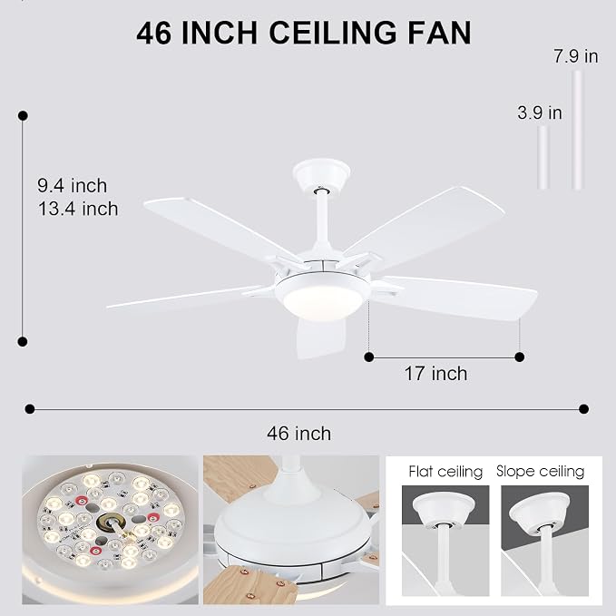 Ceiling Fans with Lights and Remote, 46 Inch Modern Ceiling Fan with Light, White Ceiling Fans for Bedroom Living Room