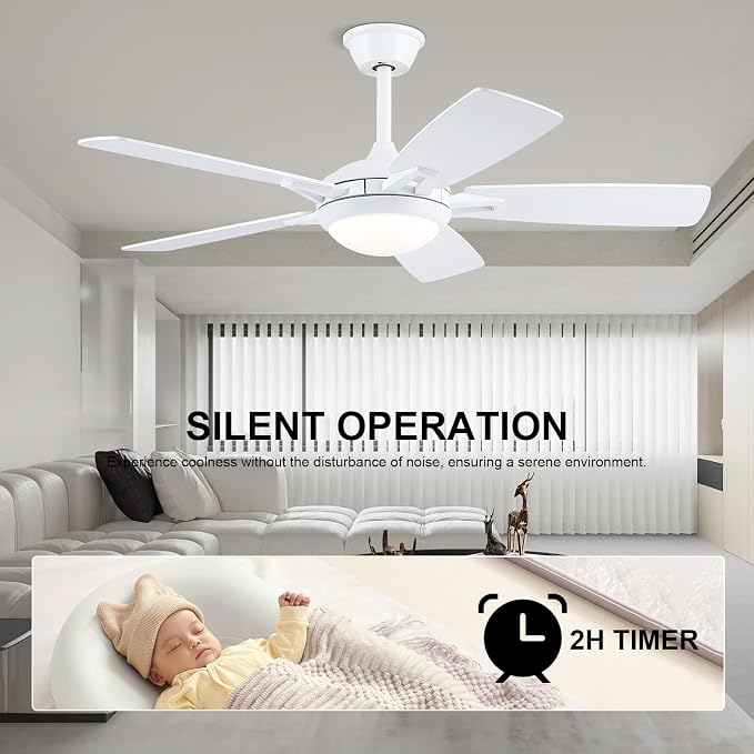 Ceiling Fans with Lights and Remote, 46 Inch Modern Ceiling Fan with Light, White Ceiling Fans for Bedroom Living Room