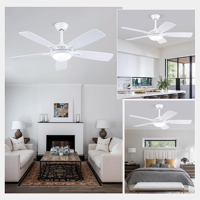 Ceiling Fans with Lights and Remote, 46 Inch Modern Ceiling Fan with Light, White Ceiling Fans for Bedroom Living Room