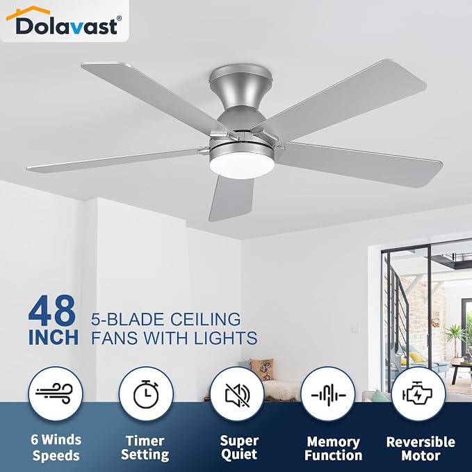 Ceiling Fans with Lights and Remote, 48 Inch Ceiling Fan with Light, Low Profile, Reversible, Dimmable LED, alternate view 2