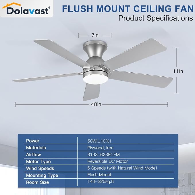 Ceiling Fans with Lights and Remote, 48 Inch Ceiling Fan with Light, Low Profile, Reversible, Dimmable LED, alternate view 7