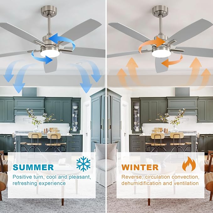 Ceiling Fans with Lights and Remote - 52 Inch Flush Mount Ceiling Fan with Noiseless Reversible DC Motor Timer LED Ceiling