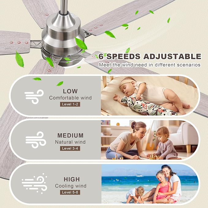 Ceiling Fans with Lights and Remote - 52 Inch Flush Mount Ceiling Fan with Noiseless Reversible DC Motor Timer LED Ceiling