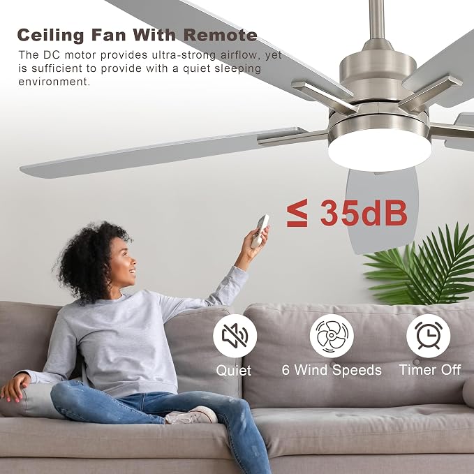 Ceiling Fans with Lights and Remote - 52 Inch Flush Mount Ceiling Fan with Noiseless Reversible DC Motor Timer LED Ceiling