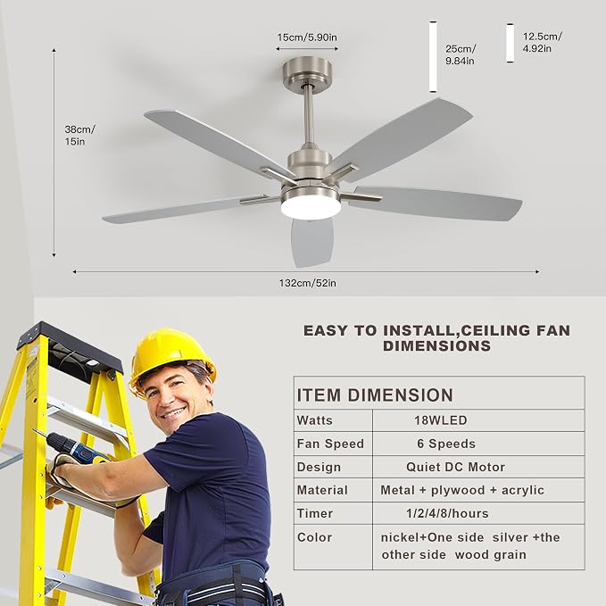 Ceiling Fans with Lights and Remote - 52 Inch Flush Mount Ceiling Fan with Noiseless Reversible DC Motor Timer LED Ceiling