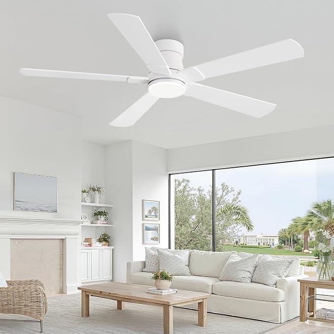 Ceiling Fans with Lights and Remote, 52 inch Low Profile Flush Mount Ceiling Fan,White Modern Ceiling Fan with LED Light for