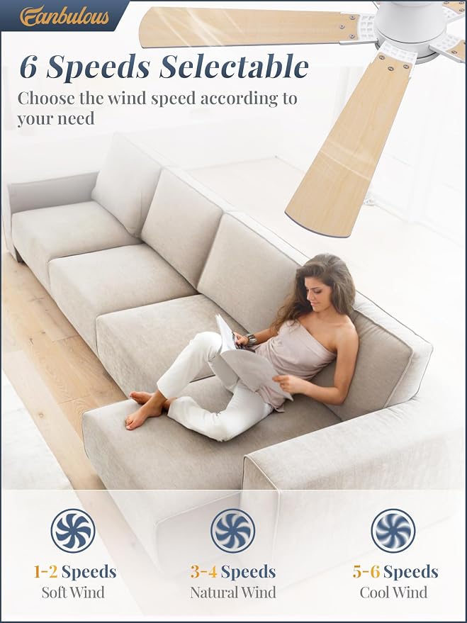 Ceiling Fans with Lights and Remote, 52 inch Low Profile Flush Mount Ceiling Fan,White Modern Ceiling Fan with LED Light for