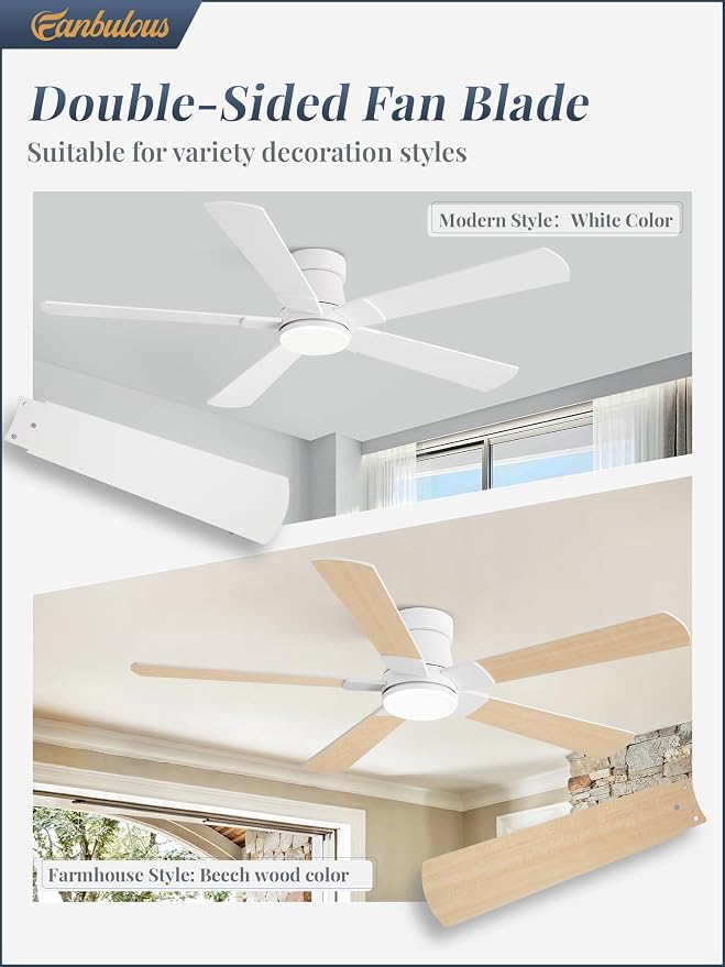 Ceiling Fans with Lights and Remote, 52 inch Low Profile Flush Mount Ceiling Fan,White Modern Ceiling Fan with LED Light for