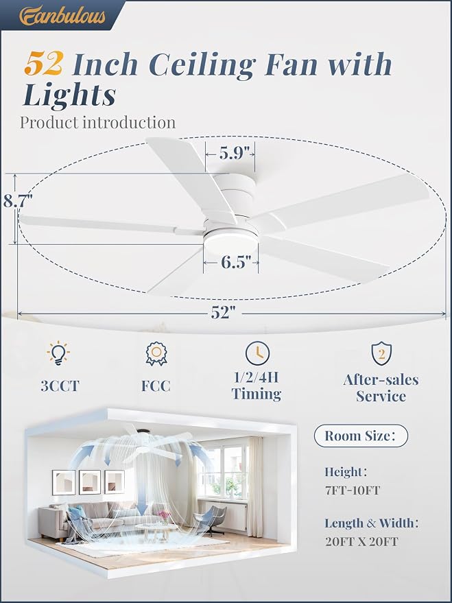 Ceiling Fans with Lights and Remote, 52 inch Low Profile Flush Mount Ceiling Fan,White Modern Ceiling Fan with LED Light for