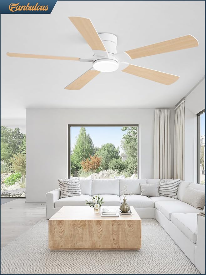 Ceiling Fans with Lights and Remote, 52 inch Low Profile Flush Mount Ceiling Fan,White Modern Ceiling Fan with LED Light for
