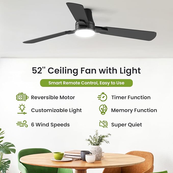 Ceiling Fans with Lights and Remote: 52 Inch Modern Ceiling Fan, Low Profile Flush Mount, alternate product view 2