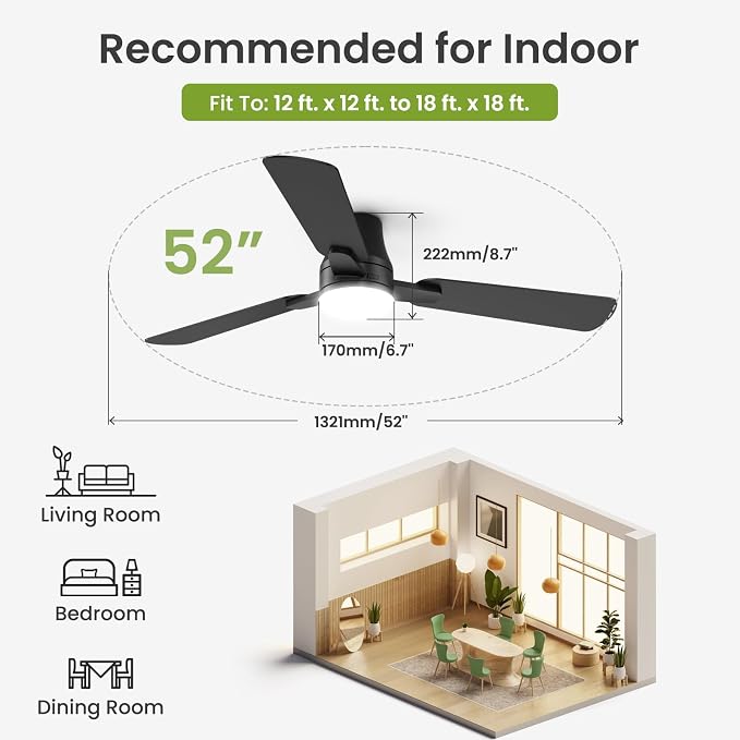 Ceiling Fans with Lights and Remote: 52 Inch Modern Ceiling Fan, Low Profile Flush Mount, alternate product view 3