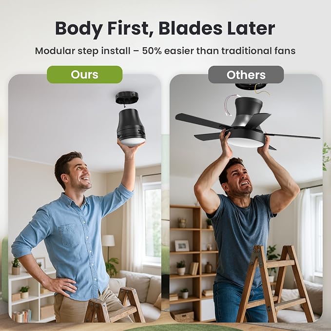 Ceiling Fans with Lights and Remote: 52 Inch Modern Ceiling Fan, Low Profile Flush Mount, alternate product view 6