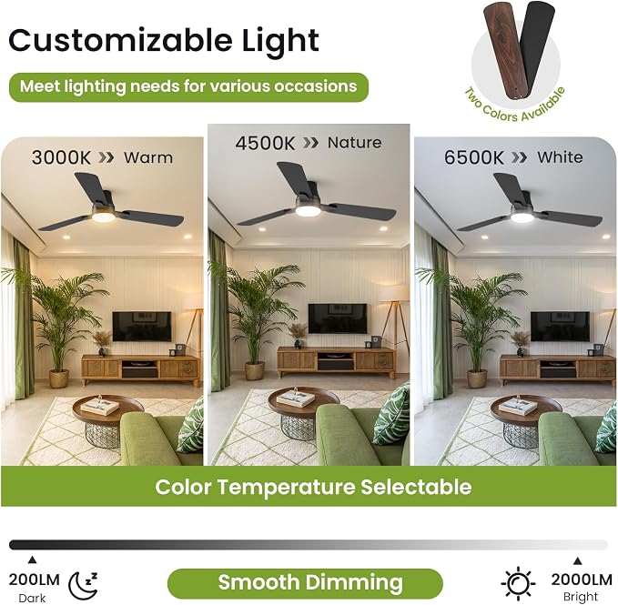 Ceiling Fans with Lights and Remote: 52 Inch Modern Ceiling Fan, Low Profile Flush Mount, alternate product view 8