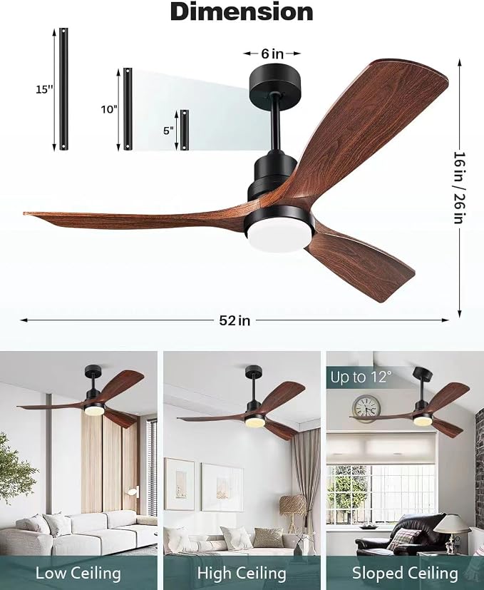 Ceiling Fans with Lights and Remote, 52 Inch Outdoor Ceiling Fan for Patios Indoor with 3 Downrods, 3 Blades Modern Ceiling