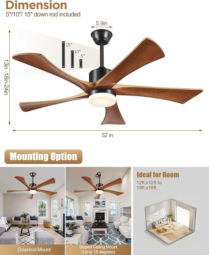 Ceiling Fans with Lights and Remote, 52 Inch Outdoor Fans for Patios, USA Original Patent, ETL Listed, 3 Downrods, 5 Blades