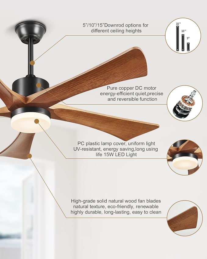 Ceiling Fans with Lights and Remote, 52 Inch Outdoor Fans for Patios, USA Original Patent, ETL Listed, 3 Downrods, 5 Blades