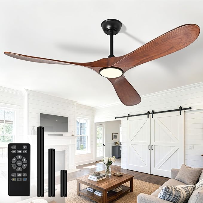 Ceiling Fans with Lights and Remote, 52'' Outdoor Ceiling Fan with 6 Speed Noiseless Reversible DC Motor, Indoor 3 Blade Wood
